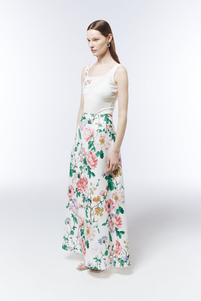 SOUR FIGS fitted ribbed tank top featuring pink blossom appliqué across the shoulder and chest.