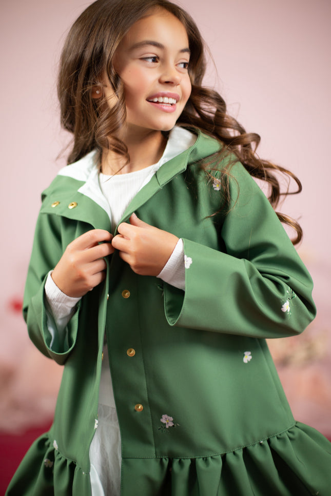 Green coat in trapeze cut for girls