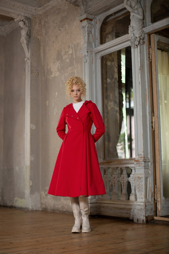 double breasted bright red coat in fitted and flared cut