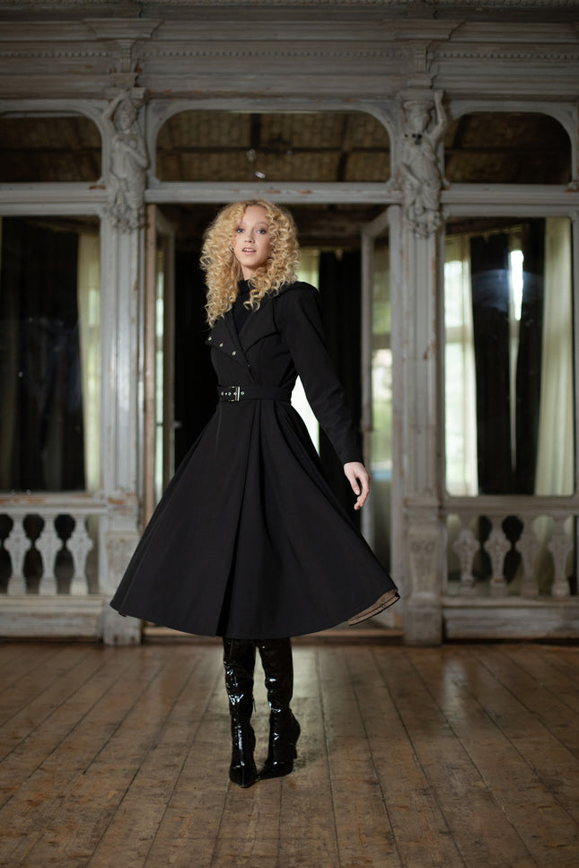 Double Breasted Coat with Belt in Black