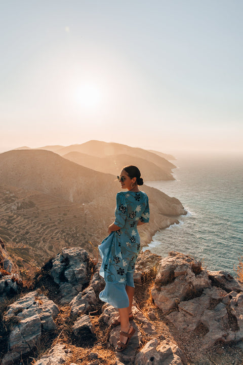 Violet Fish I Bonny Wrap Dress - Mystery Gardenia Print Blue Dreams