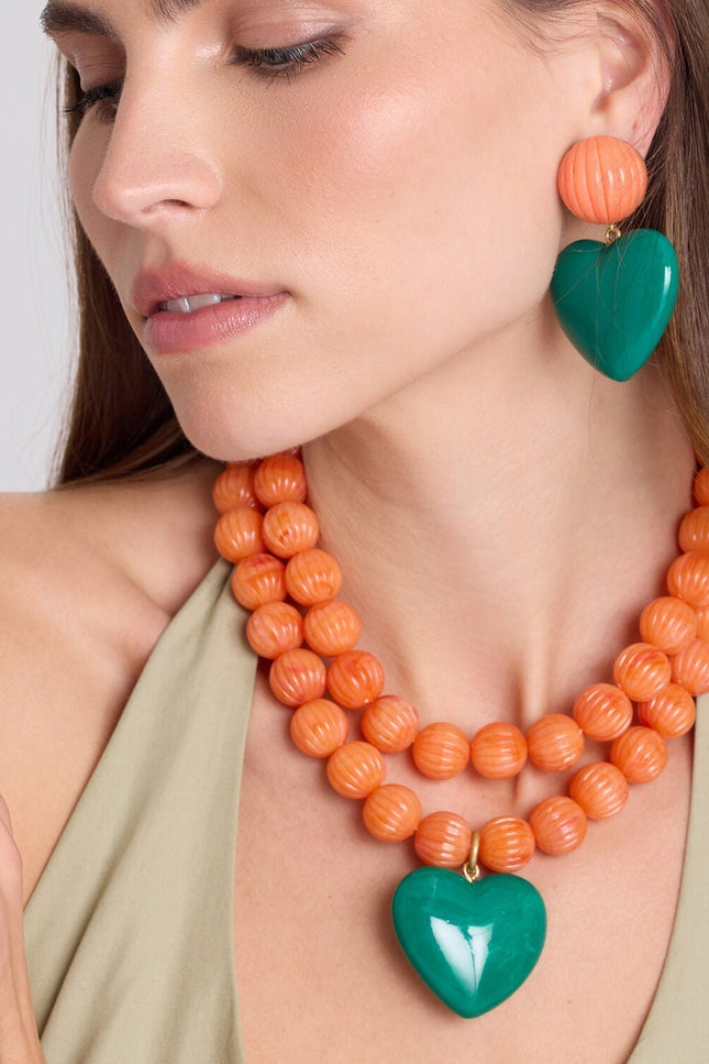 Michael Nash Jewelry | Amour Carved Coral Resin Bead With Jade Green Resin Heart Pendant