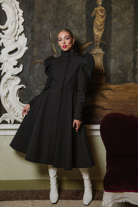 RainSisters | Fitted and Flared Coat with Balloon-Styled Sleeves in Black 'Majestic Night'
