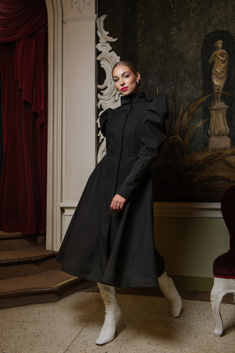 RainSisters | Fitted and Flared Coat with Balloon-Styled Sleeves in Black 'Majestic Night'