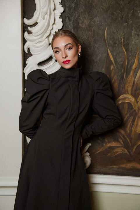RainSisters | Fitted and Flared Coat with Balloon-Styled Sleeves in Black 'Majestic Night'