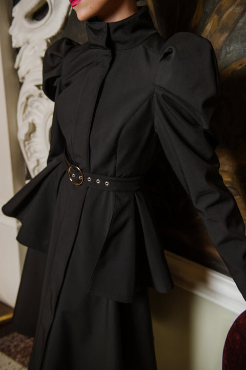RainSisters | Fitted and Flared Coat with Balloon-Styled Sleeves in Black 'Majestic Night'