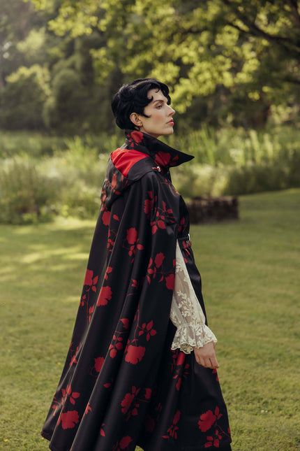 RainSisters | Black Cape Coat with Red Floral Print | Scarlet Veil