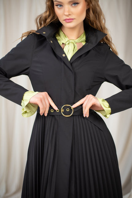 Fit and Flare Coat with A-Line Pleated Skirt for Spring in Black.