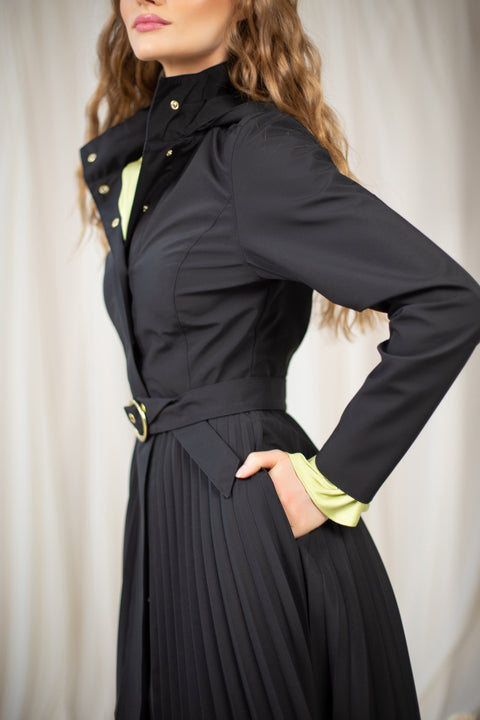 Front view of a stylish pleated coat with hidden pockets and a sleek snap button closure.
