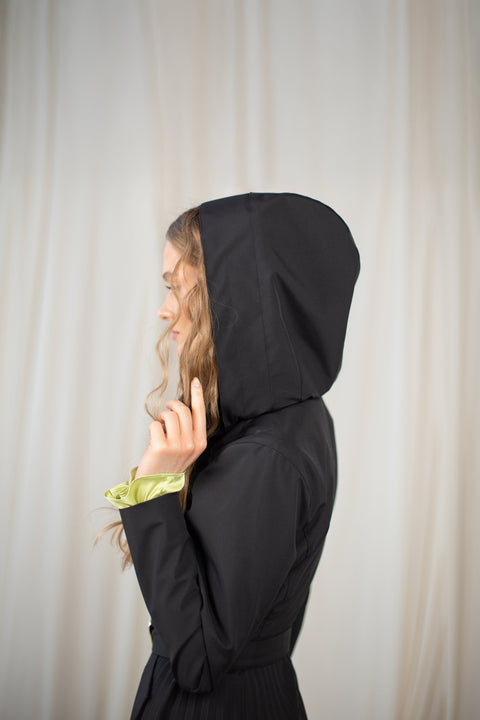 RainSisters | Fit and Flare Coat with A-Line Pleated Skirt for Spring in Black 'Black Sway’