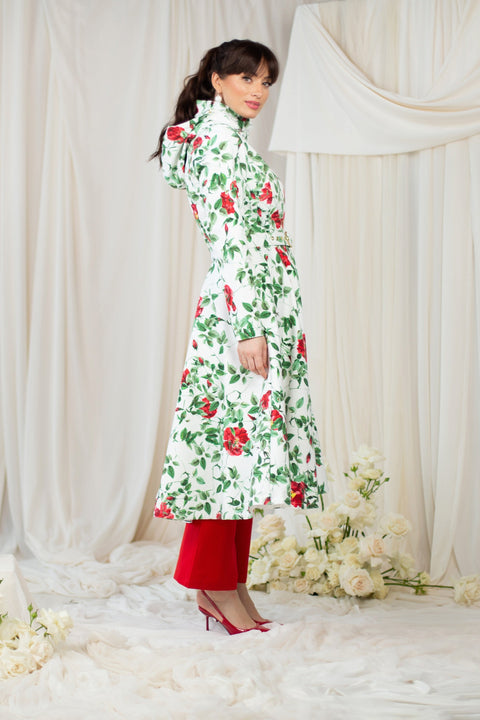 RainSisters | Fit and Flare Coat with A-Line Skirt in White 'Charming Rose’