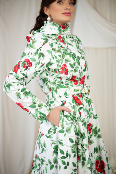 RainSisters | Fit and Flare Coat with A-Line Skirt in White 'Charming Rose’