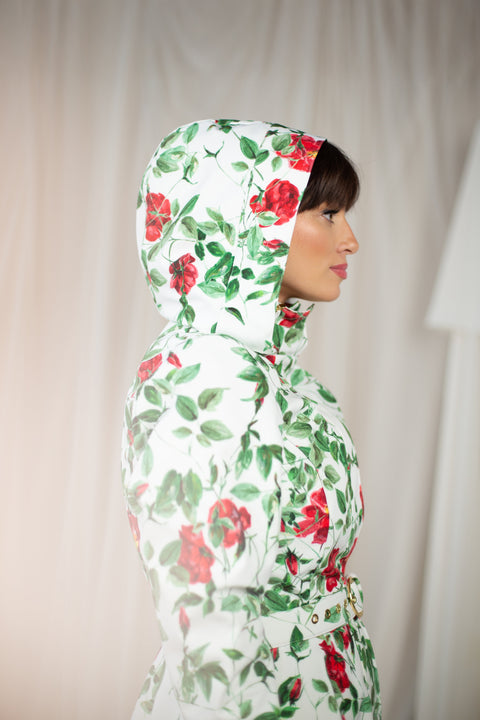 RainSisters | Fit and Flare Coat with A-Line Skirt in White 'Charming Rose’