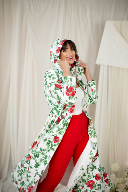 White coat with floral print and detachable hood