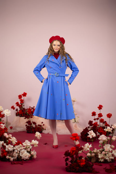 RainSisters | Double Breasted Trench Coat in Blue with Flower Print 'Forget-Me-Not'