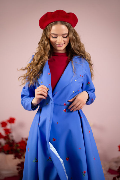 RainSisters | Double Breasted Trench Coat in Blue with Flower Print 'Forget-Me-Not'