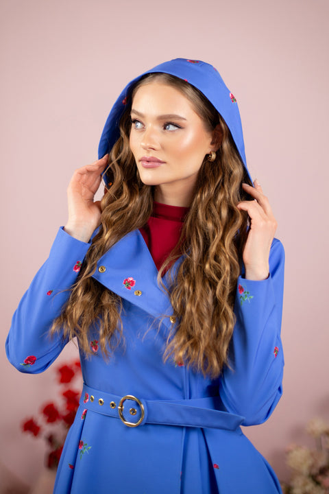 RainSisters | Double Breasted Trench Coat in Blue with Flower Print 'Forget-Me-Not'