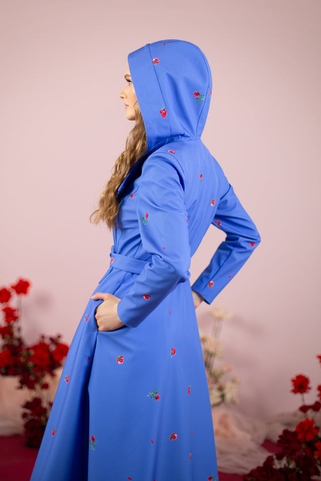 Blue color trench coat in double-breasted style.