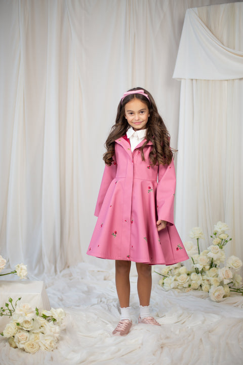 RainSisters | Girls' Pink Short Coat with Flower Print 'Raspberry Sorbet'