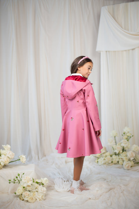 Hooded pink girls coat with small red flower print