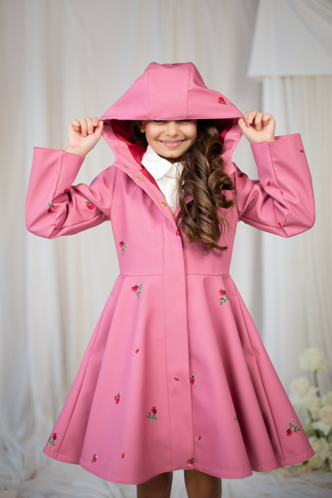 RainSisters | Girls' Pink Short Coat with Flower Print 'Raspberry Sorbet'