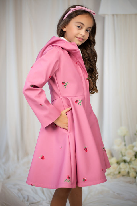 RainSisters | Girls' Pink Short Coat with Flower Print 'Raspberry Sorbet'