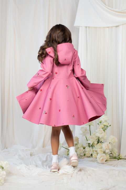 RainSisters | Girls' Pink Short Coat with Flower Print 'Raspberry Sorbet'