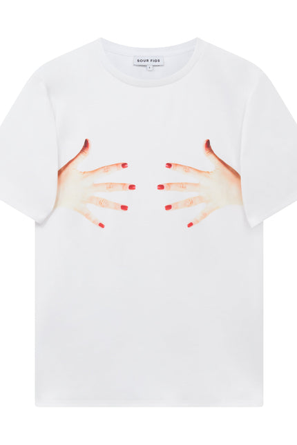 Contemporary hand print T-shirt with red nails, designed in London by Sour Figs