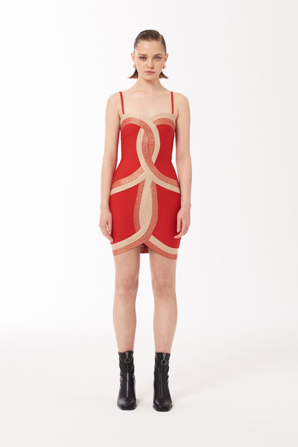 Contrast Panel Bandage Mini Dress in Red and Gold