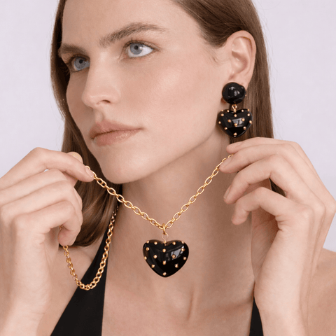 Michael Nash Jewelry | Lavinia Black Resin Studded Heart Drop Earrings