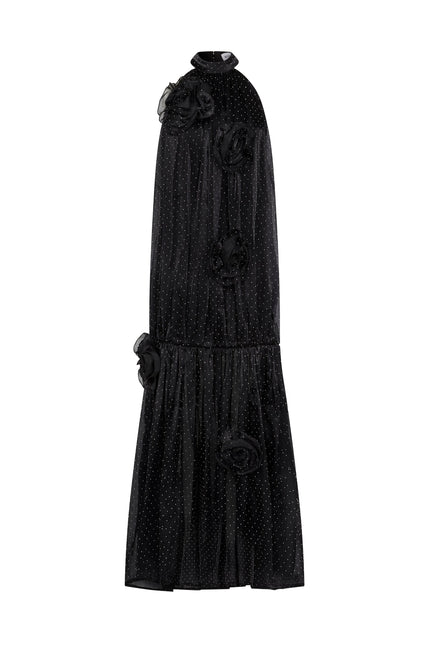 SOUR FIGS Rhinestone Polka Dot Halterneck Maxi Dress in Midnight Black front view