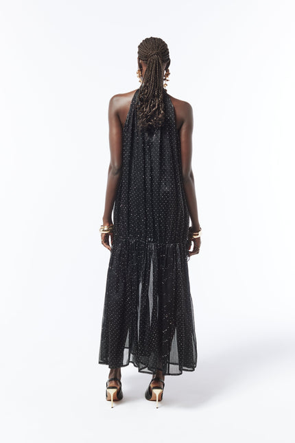 SOUR FIGS back view of Midnight Black halterneck rhinestone maxi dress