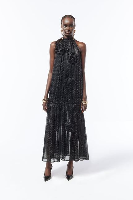 SOUR FIGS black maxi dress with rhinestone polka dots and floral appliqué