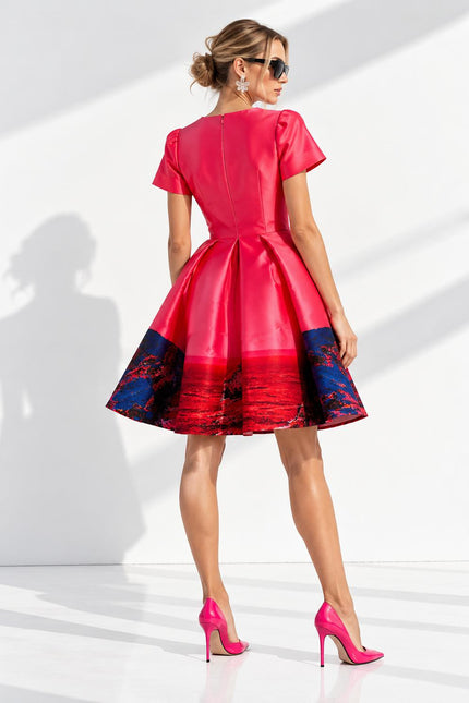 Deep V-Neck Flared Dress – Red Pink Landscape