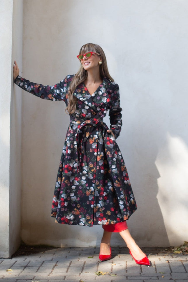 RainSisters floral trench-style coat – Rose Garden design with full satin lining and adjustable hood.