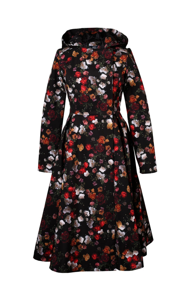 View of Rose Garden coat by RainSisters – black floral coat with vintage rose print and double-breasted silhouette.