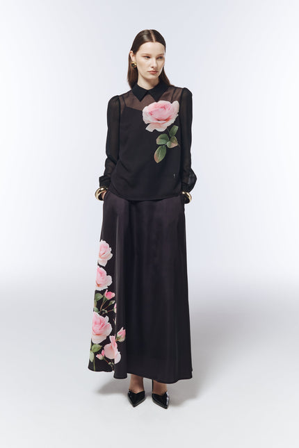 SOUR FIGS Rose Placement A-Line Maxi Skirt in black with pink floral placement print