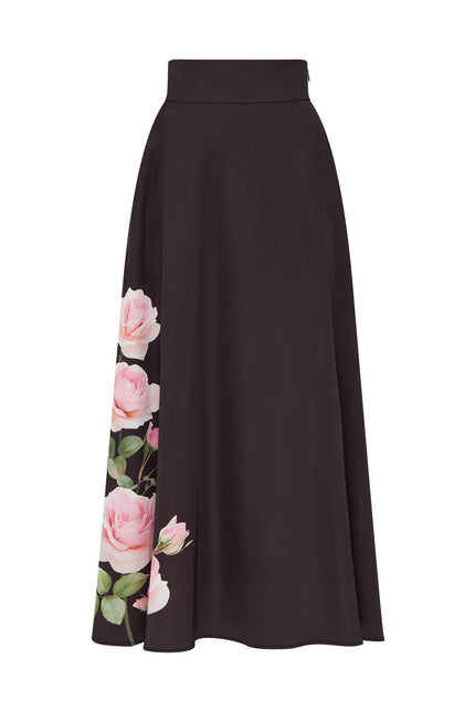 SOUR FIGS dark floral A-line skirt with pink rose print and full-length silhouette