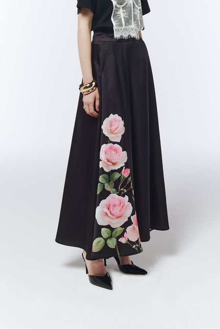 SOUR FIGS dark plum black maxi skirt with pink roses and green foliage along one side