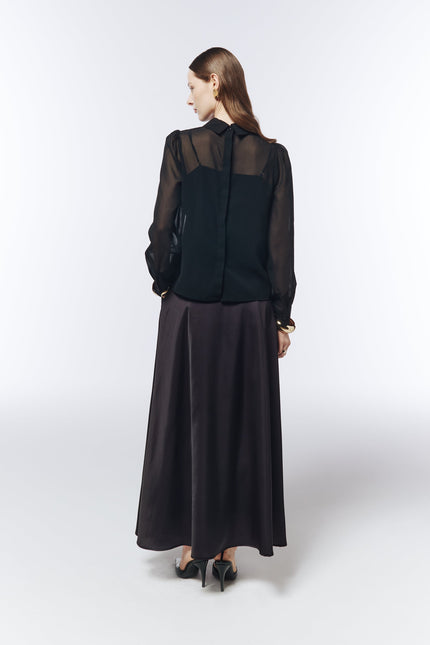 SOUR FIGS sheer Midnight Plum chiffon blouse with long sleeves and coordinating slip top