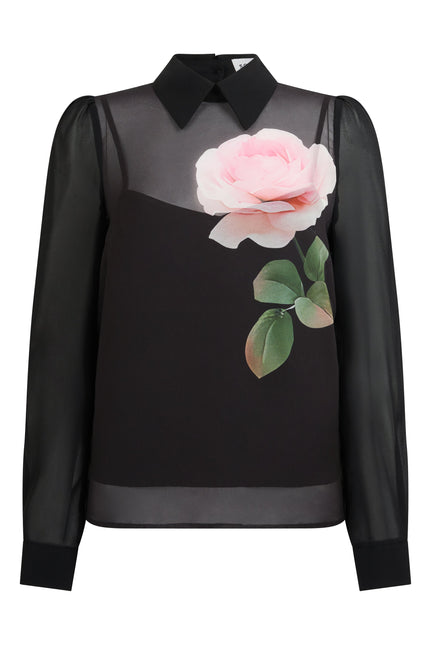 A black sheer long-sleeve blouse with a structured black collar, featuring a large pink rose and green leaves printed on the front, set against a plain dark background.
