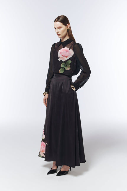SOUR FIGS Midnight Plum sheer blouse with large pink rose placement print and matching slip top