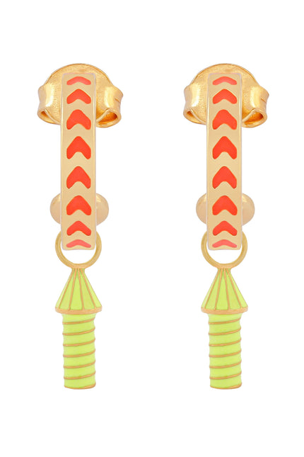 image of rocket enamel earrings in orange and neon yellow and gold on white background