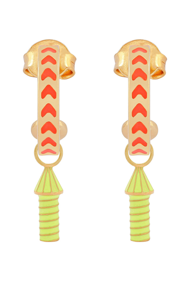 image of rocket enamel earrings in orange and neon yellow and gold on white background