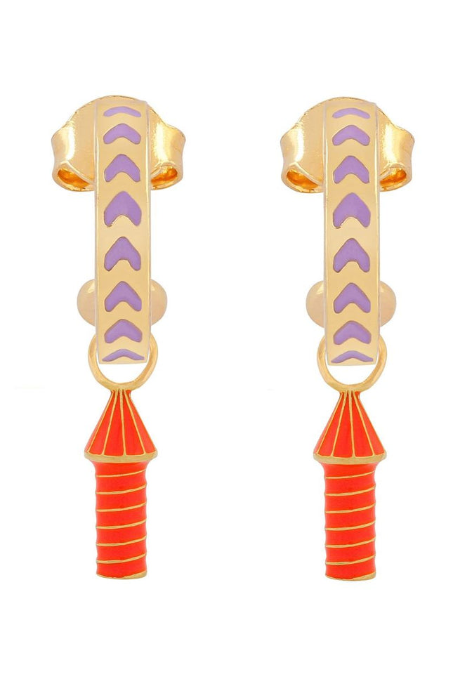 image of rocket enamel earrings in purple, orange and gold on white background
