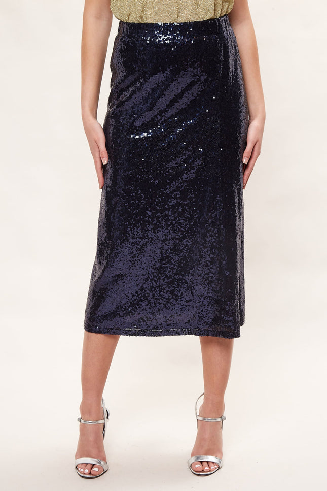 Louche Saro Sequin Midi Skirt - Navy - Front