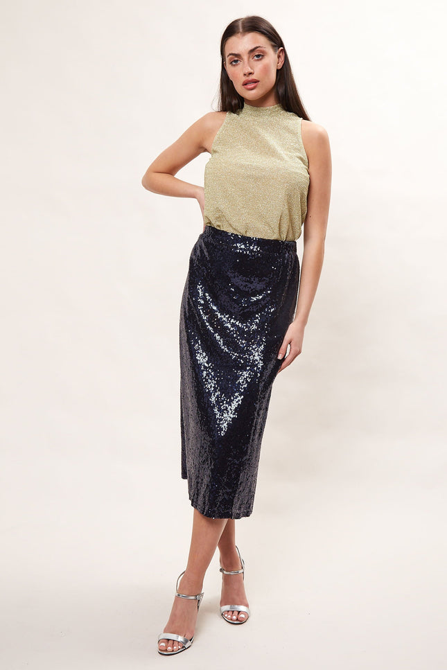 Louche Saro Sequin Midi Skirt - Navy - Detail 2