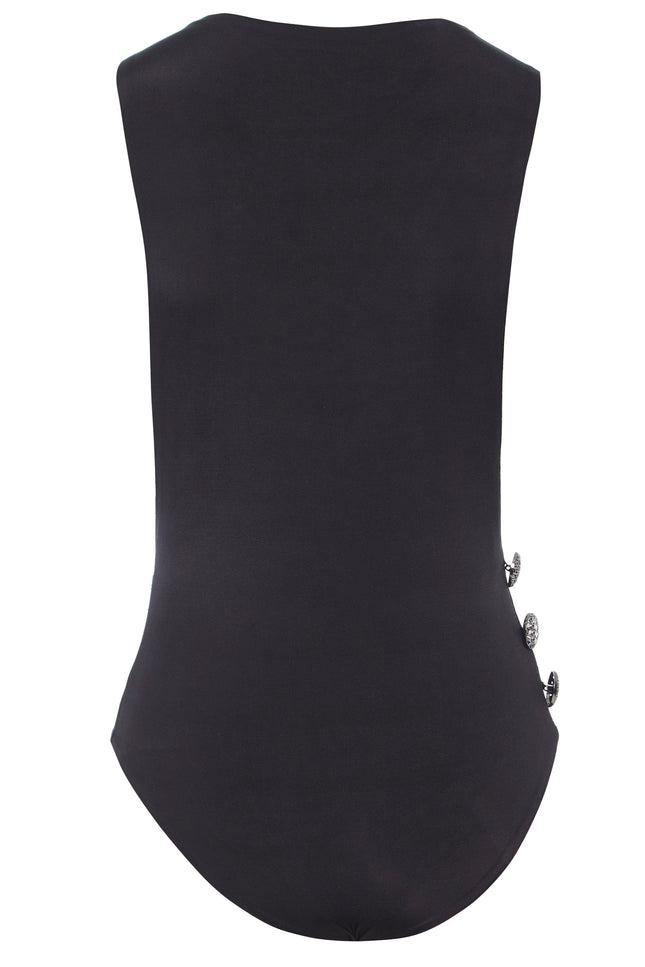 Back view of the Sarvin Dropped Armhole Bodysuit—sleeveless with a smooth black finish, detailed with three metallic buttons on the right waist. Ideal as a chic party piece.