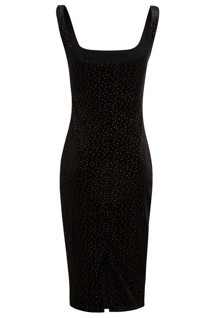 The Black Polka Dot Dress by Sarvin is a sleeveless, knee-length velvet dress featuring a square neckline, polka dots, and a small front hem vent—an elegant pick for any wedding guest.