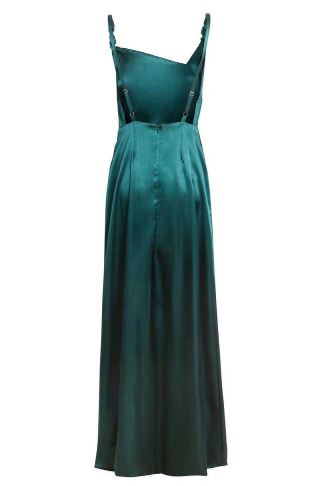 An Emerald Green Maxi Dress by Sarvin with wide legs, adjustable shoulder straps, and a slightly asymmetrical neckline evokes black-tie elegance, displayed on a white background.